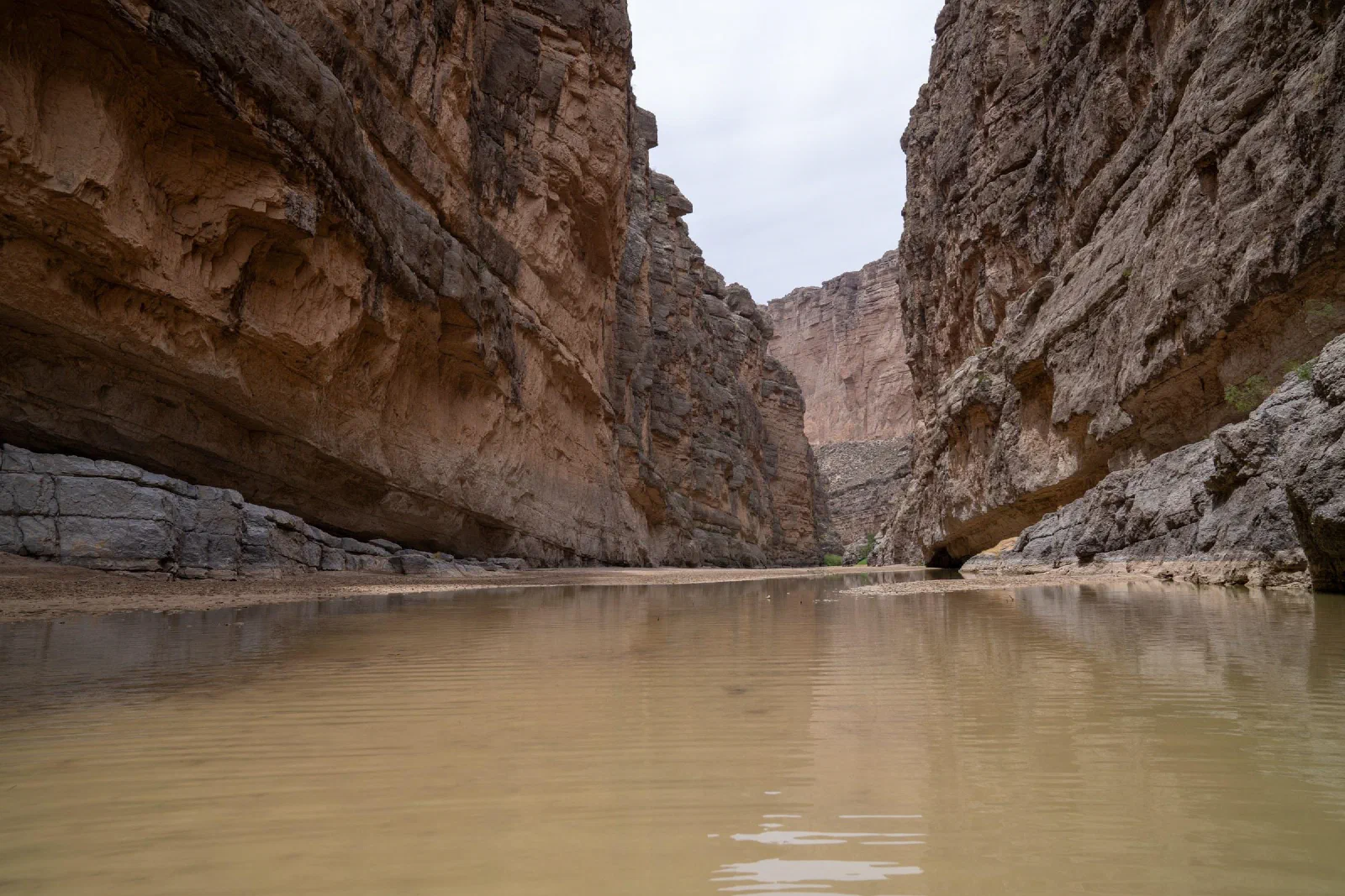 A muddy river flowing between tall, layered canyon walls.