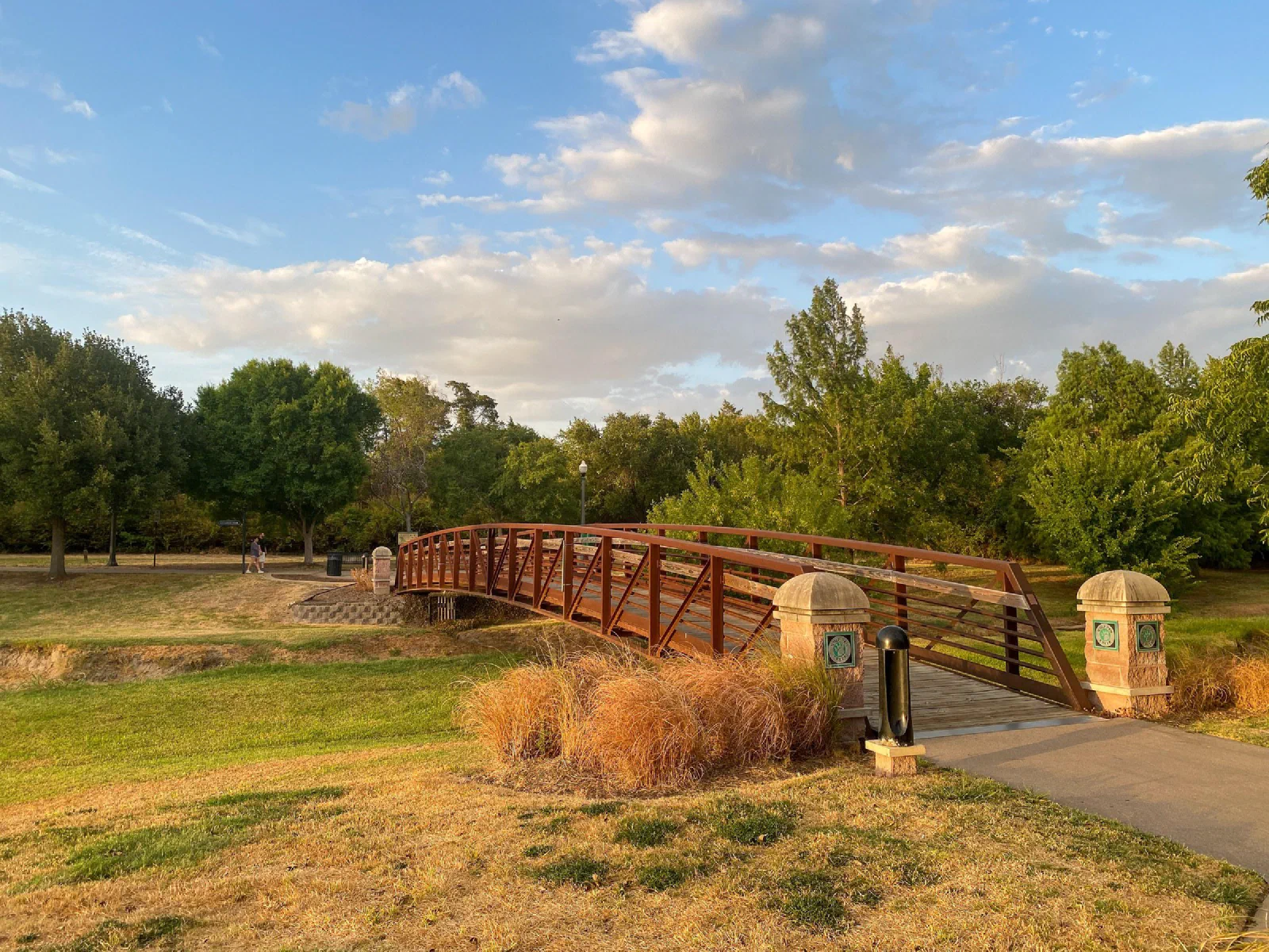 A wooden footbridge over a grassy channel in a park beneath evening clouds.