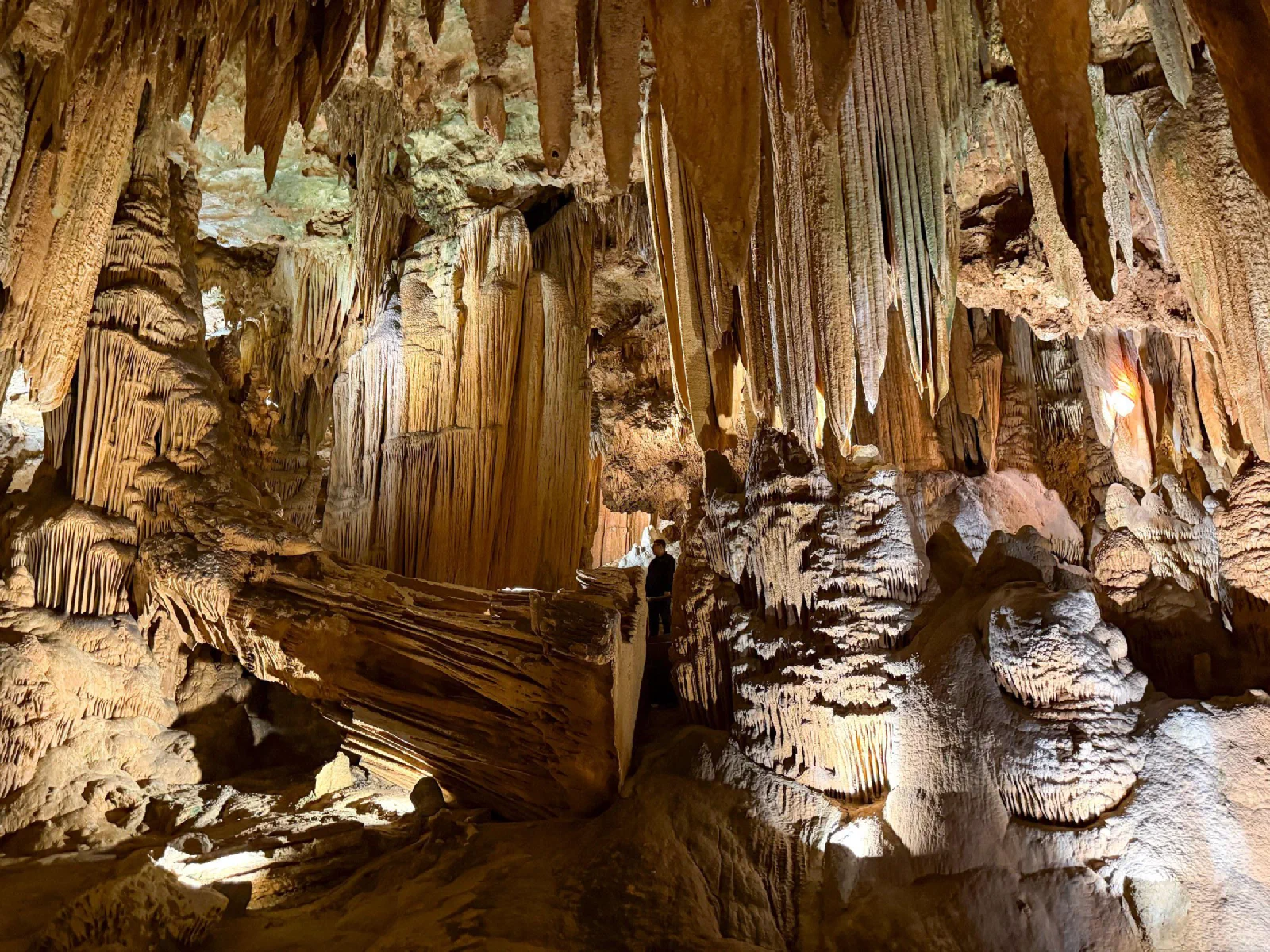Dense cave formations lit in warm tones, with tall columns and hanging mineral deposits.