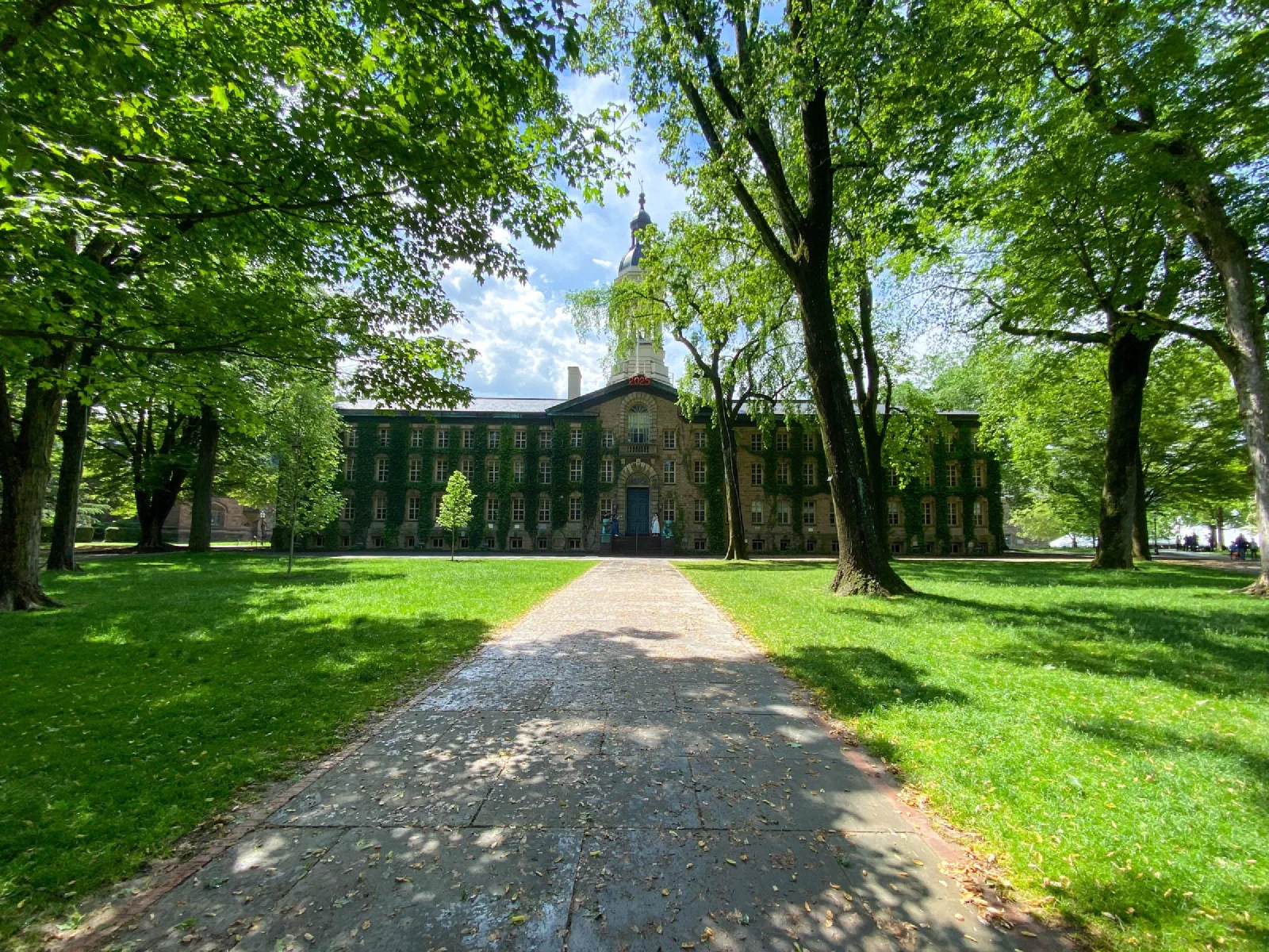 A pale gravel path between green lawns and leafy trees leading toward stone buildings.