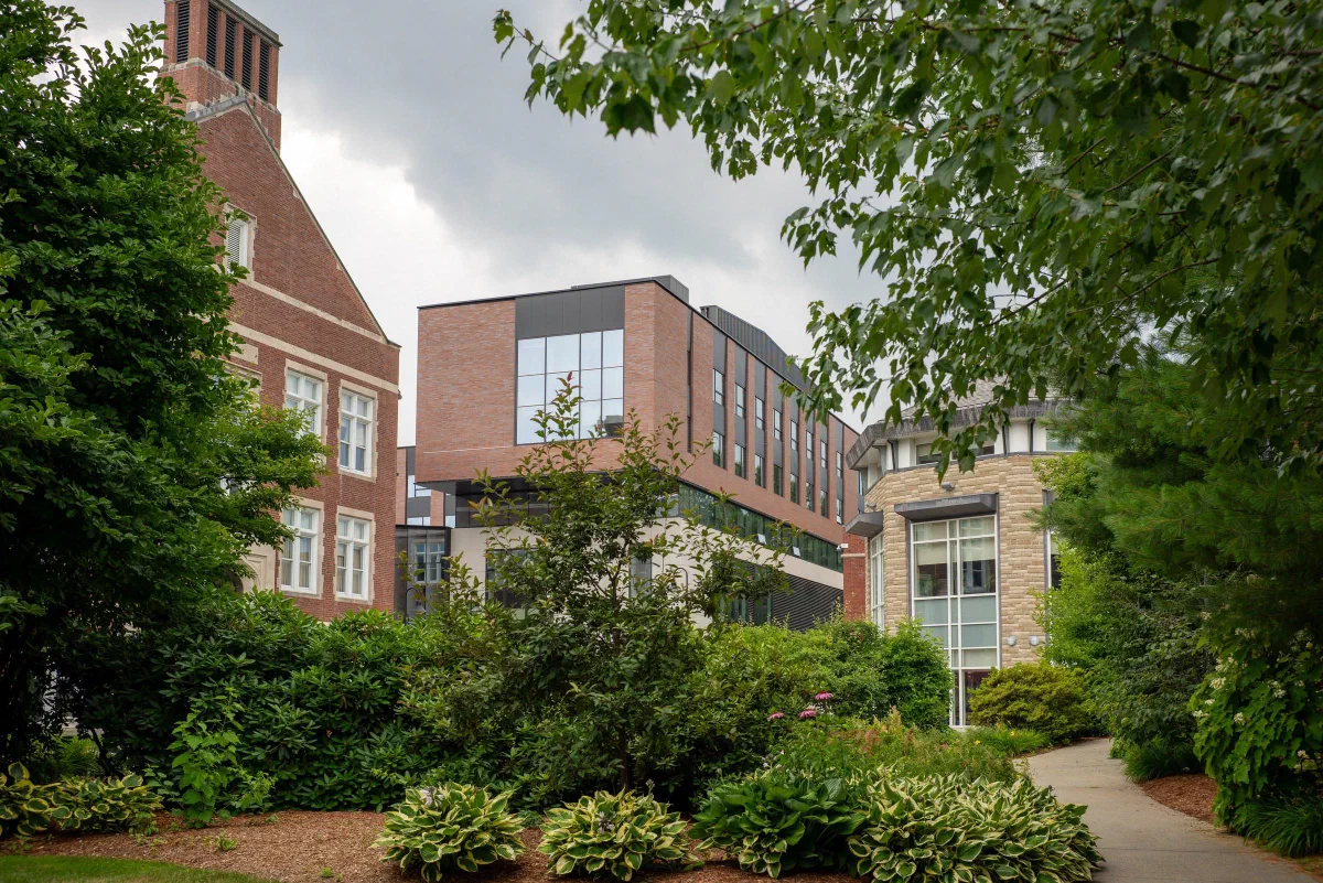 A path through leafy trees and shrubs toward brick and glass buildings.