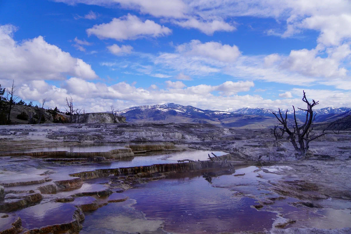 Pale mineral terraces and shallow pools beneath clouds and distant snow-streaked hills.